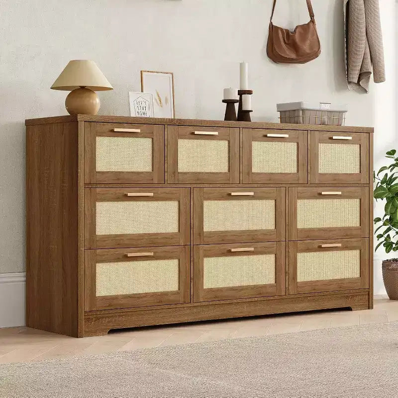 Commode en rotin à 10 tiroirs, commode de ferme de 150 cm de large avec dispositif anti-basculement, organisateur de rangement pour dressing, maison ou bureau