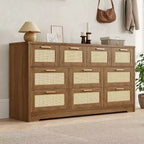 Commode en rotin à 10 tiroirs, commode de ferme de 150 cm de large avec dispositif anti-basculement, organisateur de rangement pour dressing, maison ou bureau