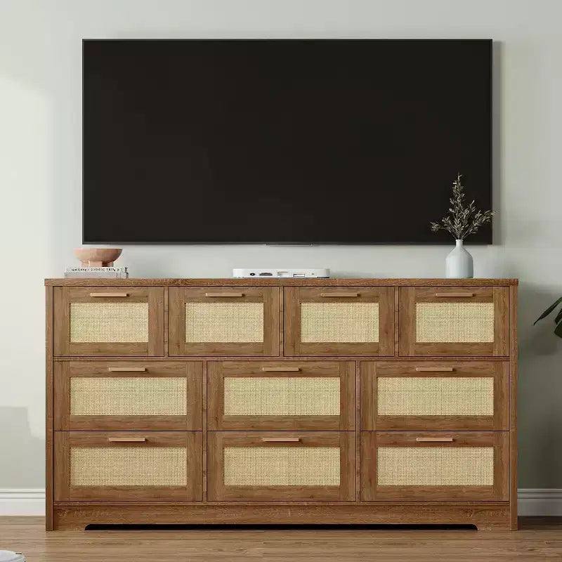 Commode en rotin à 10 tiroirs, commode de ferme de 150 cm de large avec dispositif anti-basculement, organisateur de rangement pour dressing, maison ou bureau