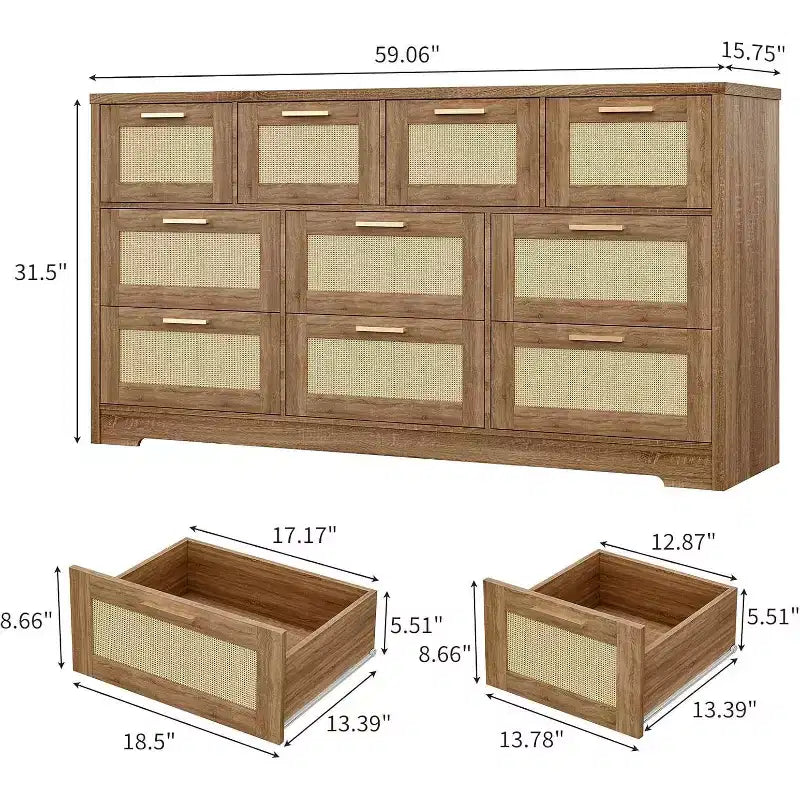 Commode en rotin à 10 tiroirs, commode de ferme de 150 cm de large avec dispositif anti-basculement, organisateur de rangement pour dressing, maison ou bureau
