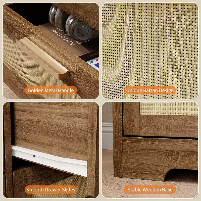 Commode en rotin à 10 tiroirs, commode de ferme de 150 cm de large avec dispositif anti-basculement, organisateur de rangement pour dressing, maison ou bureau