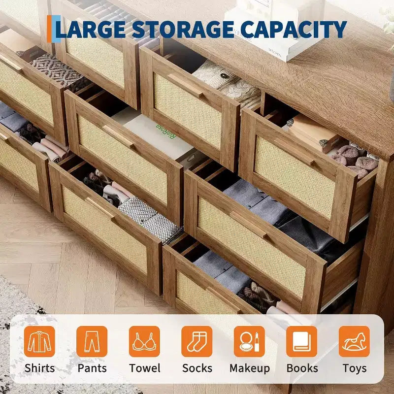 Commode en rotin à 10 tiroirs, commode de ferme de 150 cm de large avec dispositif anti-basculement, organisateur de rangement pour dressing, maison ou bureau