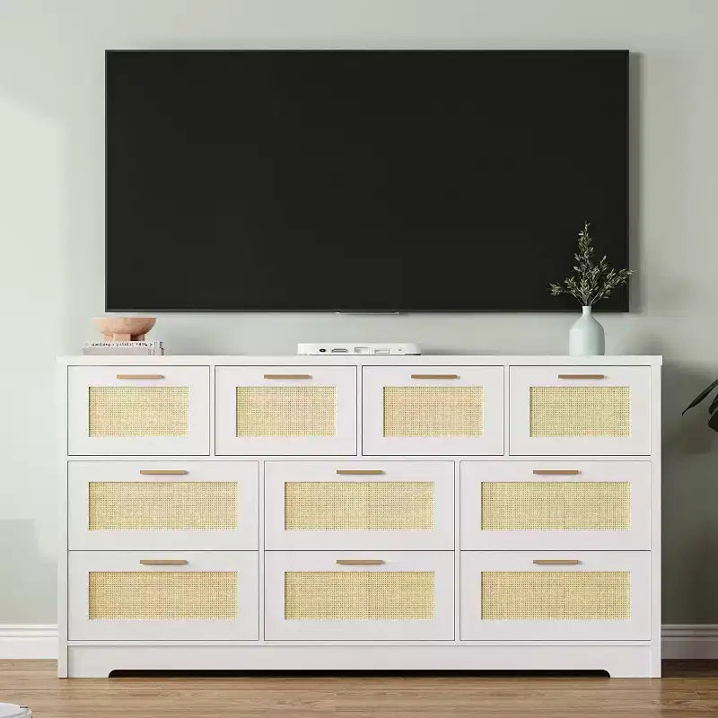 Commode en rotin à 10 tiroirs, commode de ferme de 150 cm de large avec dispositif anti-basculement, organisateur de rangement pour dressing, maison ou bureau