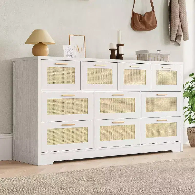 Commode en rotin à 10 tiroirs, commode de ferme de 150 cm de large avec dispositif anti-basculement, organisateur de rangement pour dressing, maison ou bureau