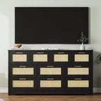 Commode en rotin à 10 tiroirs, commode de ferme de 150 cm de large avec dispositif anti-basculement, organisateur de rangement pour dressing, maison ou bureau
