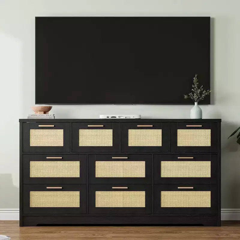 Commode en rotin à 10 tiroirs, commode de ferme de 150 cm de large avec dispositif anti-basculement, organisateur de rangement pour dressing, maison ou bureau