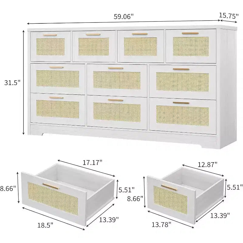 Commode en rotin à 10 tiroirs, commode de ferme de 150 cm de large avec dispositif anti-basculement, organisateur de rangement pour dressing, maison ou bureau