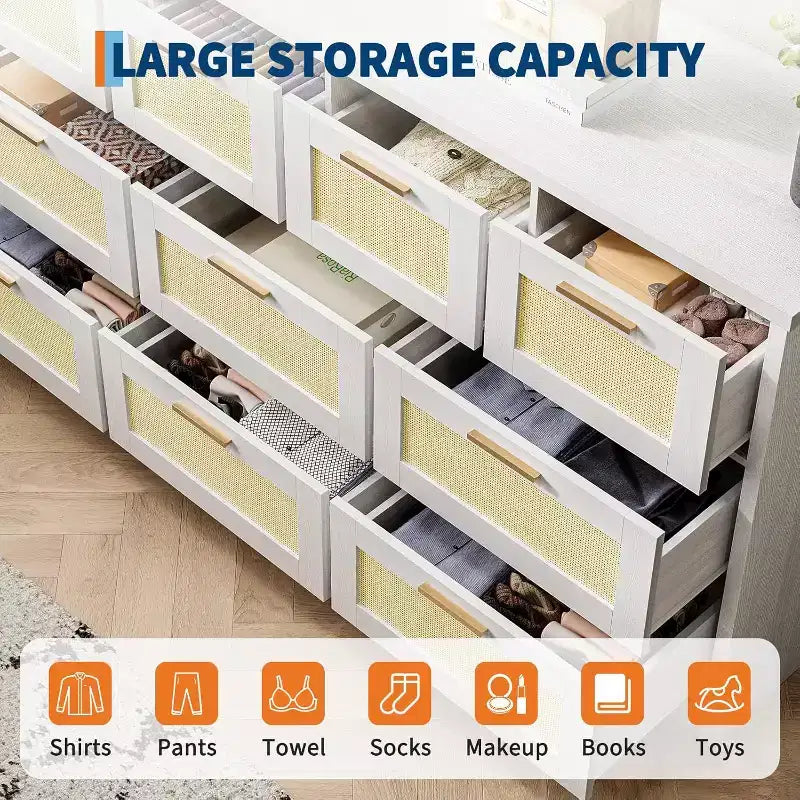 Commode en rotin à 10 tiroirs, commode de ferme de 150 cm de large avec dispositif anti-basculement, organisateur de rangement pour dressing, maison ou bureau