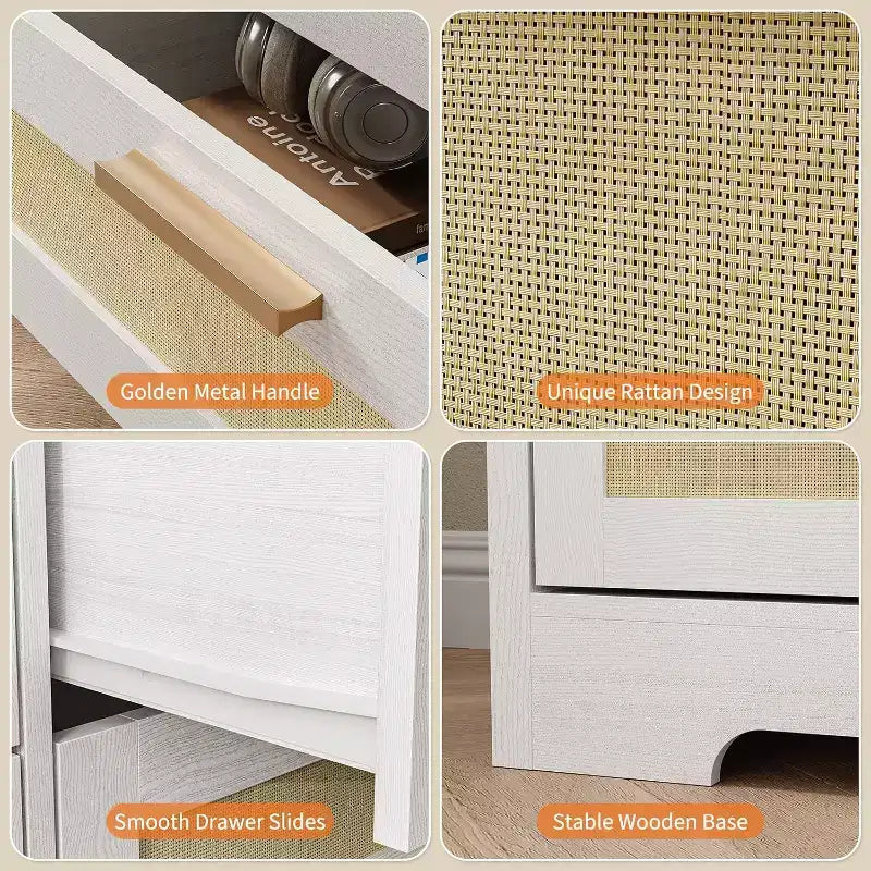 Commode en rotin à 10 tiroirs, commode de ferme de 150 cm de large avec dispositif anti-basculement, organisateur de rangement pour dressing, maison ou bureau