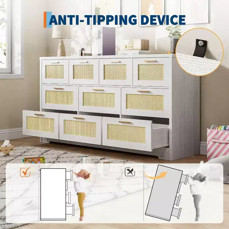Commode en rotin à 10 tiroirs, commode de ferme de 150 cm de large avec dispositif anti-basculement, organisateur de rangement pour dressing, maison ou bureau