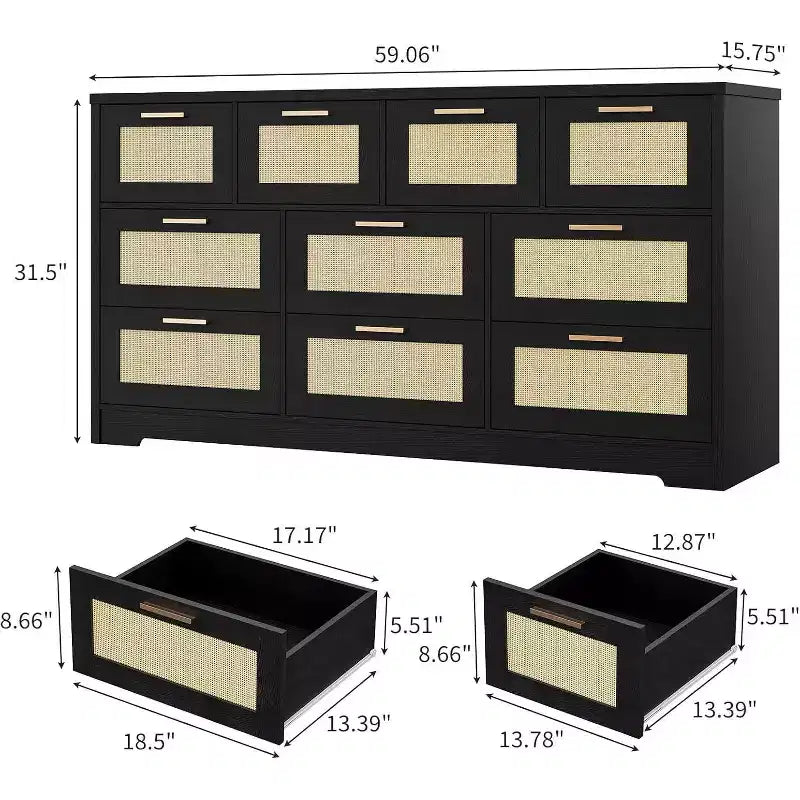 Commode en rotin à 10 tiroirs, commode de ferme de 150 cm de large avec dispositif anti-basculement, organisateur de rangement pour dressing, maison ou bureau