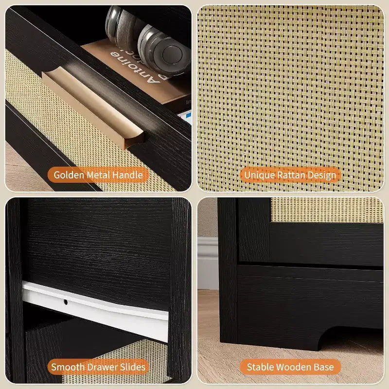 Commode en rotin à 10 tiroirs, commode de ferme de 150 cm de large avec dispositif anti-basculement, organisateur de rangement pour dressing, maison ou bureau