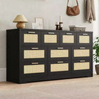 Commode en rotin à 10 tiroirs, commode de ferme de 150 cm de large avec dispositif anti-basculement, organisateur de rangement pour dressing, maison ou bureau