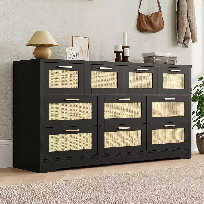 Commode en rotin à 10 tiroirs, commode de ferme de 150 cm de large avec dispositif anti-basculement, organisateur de rangement pour dressing, maison ou bureau