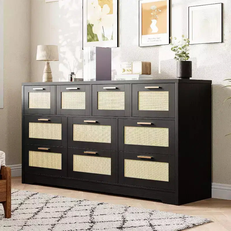 Commode en rotin à 10 tiroirs, commode de ferme de 150 cm de large avec dispositif anti-basculement, organisateur de rangement pour dressing, maison ou bureau