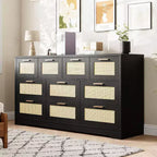 Commode en rotin à 10 tiroirs, commode de ferme de 150 cm de large avec dispositif anti-basculement, organisateur de rangement pour dressing, maison ou bureau