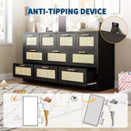 Commode en rotin à 10 tiroirs, commode de ferme de 150 cm de large avec dispositif anti-basculement, organisateur de rangement pour dressing, maison ou bureau
