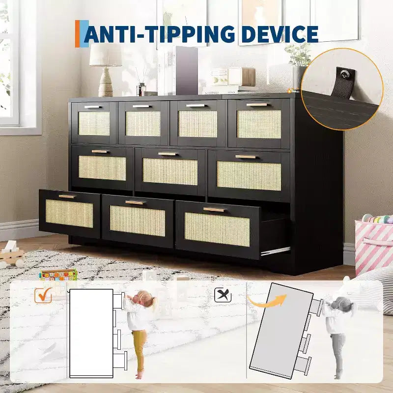 Commode en rotin à 10 tiroirs, commode de ferme de 150 cm de large avec dispositif anti-basculement, organisateur de rangement pour dressing, maison ou bureau