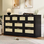 Rattan 10 Drawer Dresser, 59'' Wide Farmhouse Chest of Drawers with Anti-Tipping Device, Closet Dresser Storage Organizer for Home Office
