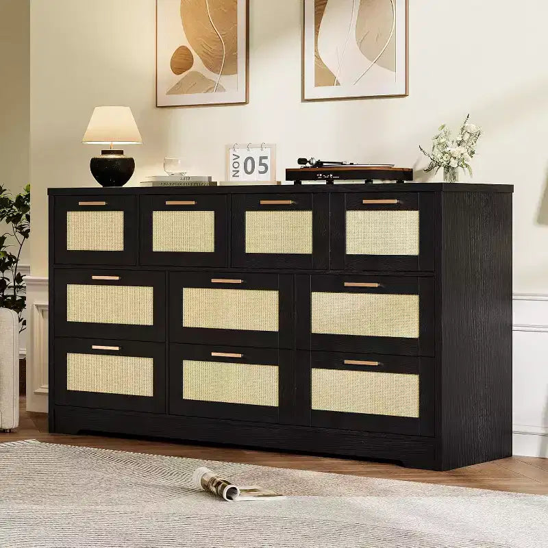 Rattan 10 Drawer Dresser, 59'' Wide Farmhouse Chest of Drawers with Anti-Tipping Device, Closet Dresser Storage Organizer for Home Office