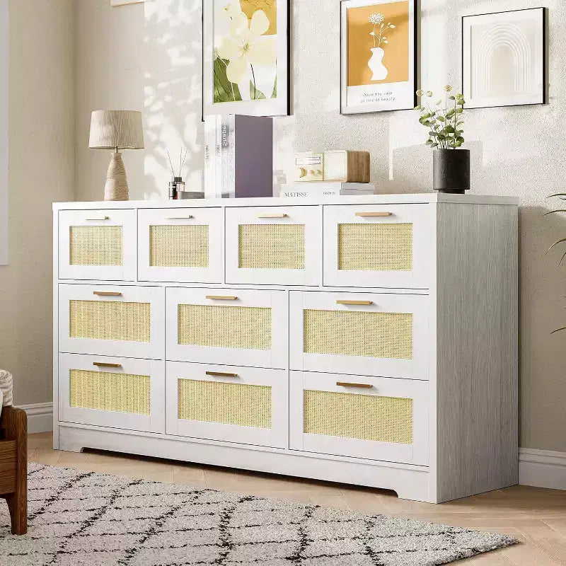Commode en rotin à 10 tiroirs, commode de ferme de 150 cm de large avec dispositif anti-basculement, organisateur de rangement pour dressing, maison ou bureau