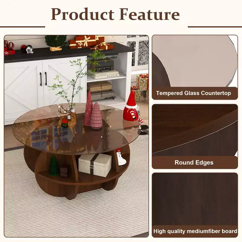 Table basse ronde de rangement en bois GDFStudio Cyra Farmhouse avec plateau en verre trempé et étagères à 4 niveaux
