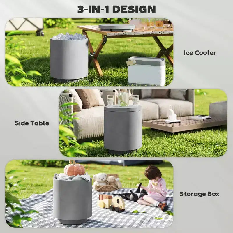 Table d'appoint d'extérieur Outsunny 10 L, Table de bar glacière 3-en-1 en béton avec rangement, Seau à glace et couvercle amovibles