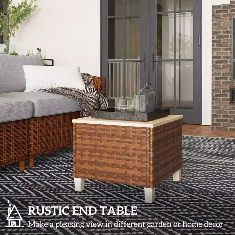Table d'appoint d'extérieur en rotin PE, table de bout de patio avec plateau et pieds en bois de sapin naturel, table d'appoint résistante aux intempéries pour patio, piscine, véranda