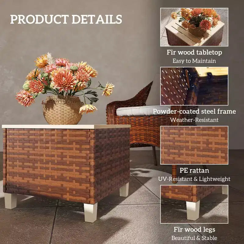 Table d'appoint d'extérieur en rotin PE, table de bout de patio avec plateau et pieds en bois de sapin naturel, table d'appoint résistante aux intempéries pour patio, piscine, véranda