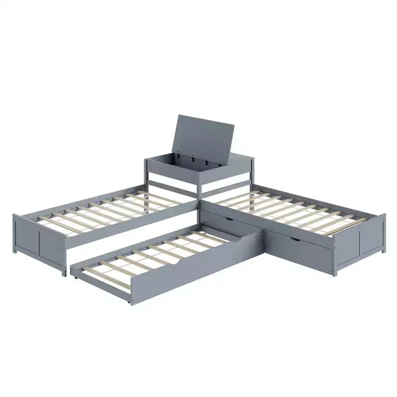 Lit gigogne double en L en bois massif AMERLIFE avec bureau de rangement relevable, cadre de plate-forme peu encombrant pour chambres d'enfants et familiales