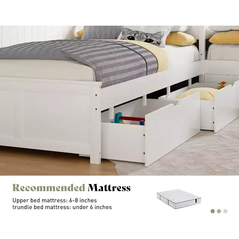 Lit gigogne double en L en bois massif AMERLIFE avec bureau de rangement relevable, cadre de plate-forme peu encombrant pour chambres d'enfants et familiales