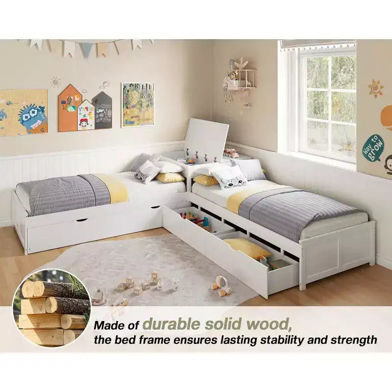 Lit gigogne double en L en bois massif AMERLIFE avec bureau de rangement relevable, cadre de plate-forme peu encombrant pour chambres d'enfants et familiales