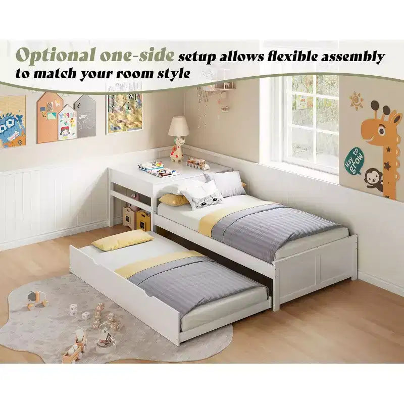 Lit gigogne double en L en bois massif AMERLIFE avec bureau de rangement relevable, cadre de plate-forme peu encombrant pour chambres d'enfants et familiales