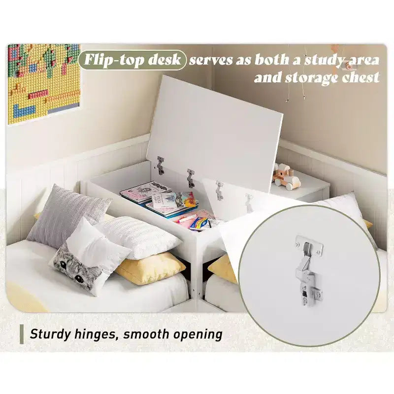 Lit gigogne double en L en bois massif AMERLIFE avec bureau de rangement relevable, cadre de plate-forme peu encombrant pour chambres d'enfants et familiales