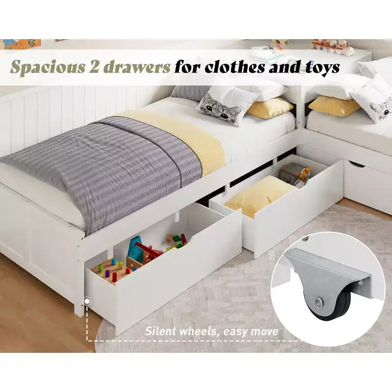 Lit gigogne double en L en bois massif AMERLIFE avec bureau de rangement relevable, cadre de plate-forme peu encombrant pour chambres d'enfants et familiales