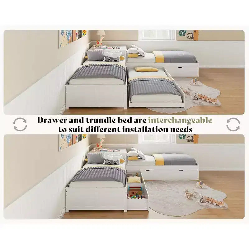 Lit gigogne double en L en bois massif AMERLIFE avec bureau de rangement relevable, cadre de plate-forme peu encombrant pour chambres d'enfants et familiales