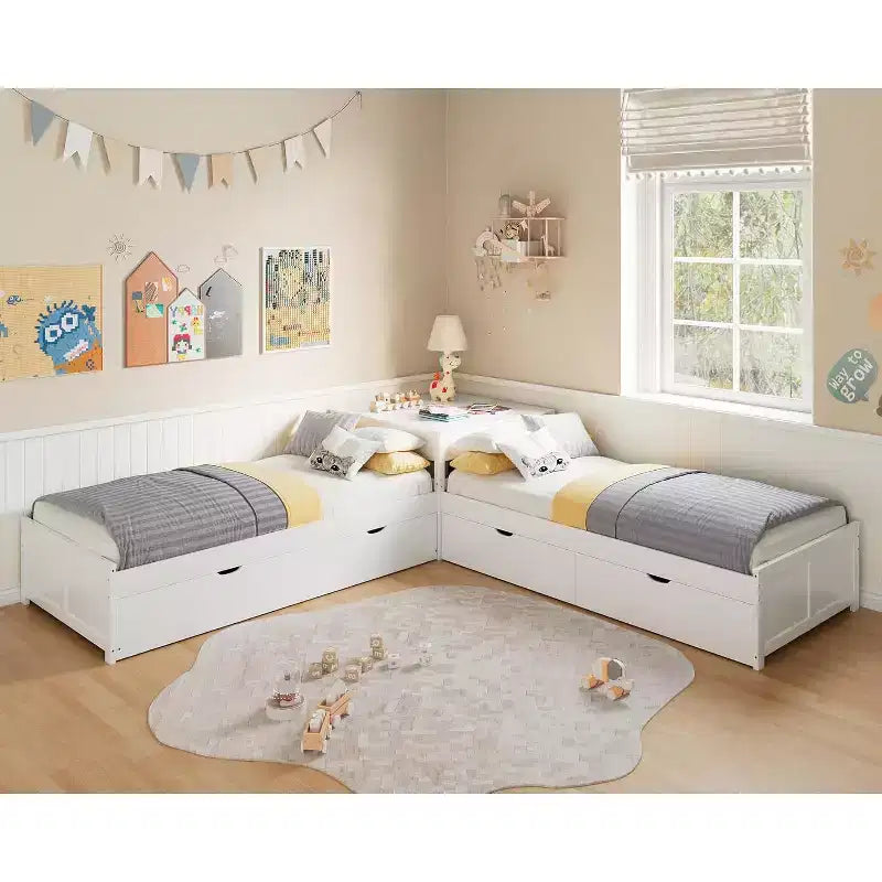 Lit gigogne double en L en bois massif AMERLIFE avec bureau de rangement relevable, cadre de plate-forme peu encombrant pour chambres d'enfants et familiales