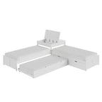Lit gigogne double en L en bois massif AMERLIFE avec bureau de rangement relevable, cadre de plate-forme peu encombrant pour chambres d'enfants et familiales
