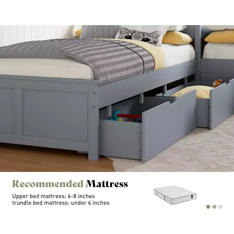 Lit gigogne double en L en bois massif AMERLIFE avec bureau de rangement relevable, cadre de plate-forme peu encombrant pour chambres d'enfants et familiales