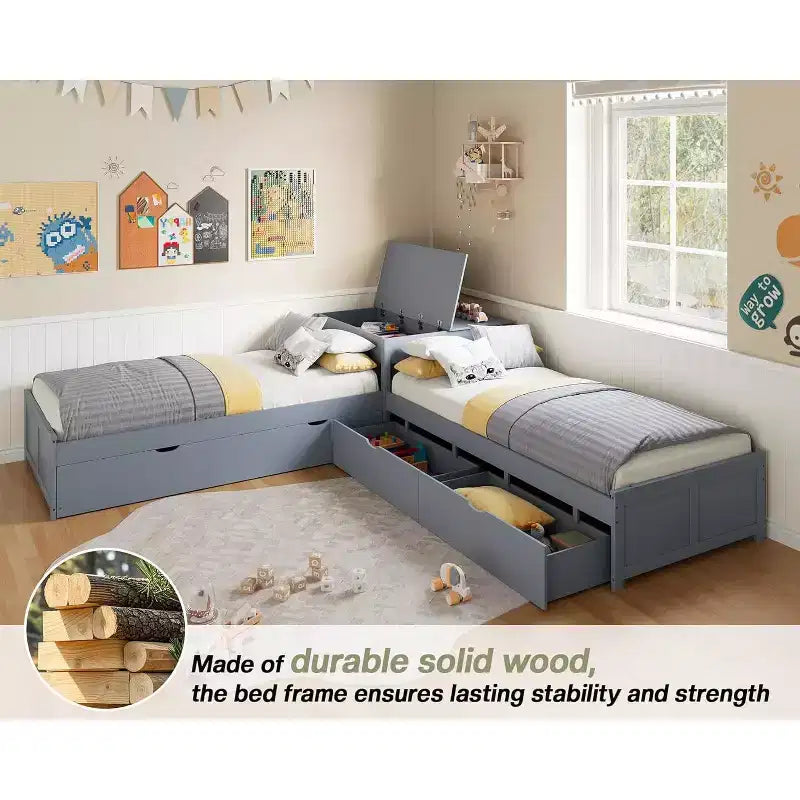 Lit gigogne double en L en bois massif AMERLIFE avec bureau de rangement relevable, cadre de plate-forme peu encombrant pour chambres d'enfants et familiales