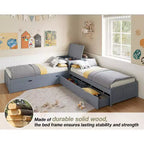 Lit gigogne double en L en bois massif AMERLIFE avec bureau de rangement relevable, cadre de plate-forme peu encombrant pour chambres d'enfants et familiales