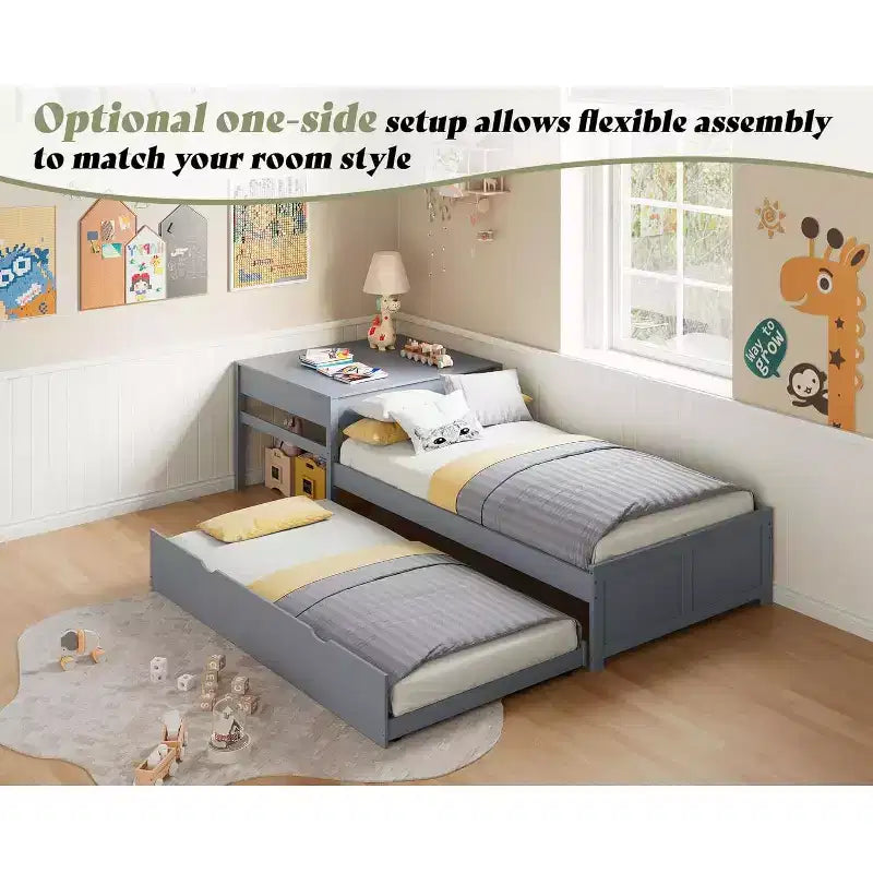 Lit gigogne double en L en bois massif AMERLIFE avec bureau de rangement relevable, cadre de plate-forme peu encombrant pour chambres d'enfants et familiales
