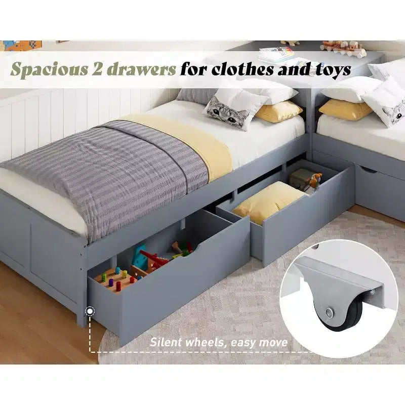 Lit gigogne double en L en bois massif AMERLIFE avec bureau de rangement relevable, cadre de plate-forme peu encombrant pour chambres d'enfants et familiales