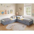 Lit gigogne double en L en bois massif AMERLIFE avec bureau de rangement relevable, cadre de plate-forme peu encombrant pour chambres d'enfants et familiales