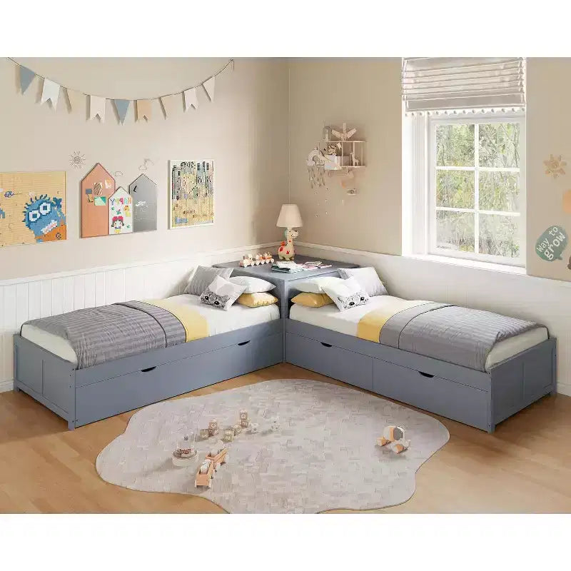 Lit gigogne double en L en bois massif AMERLIFE avec bureau de rangement relevable, cadre de plate-forme peu encombrant pour chambres d'enfants et familiales