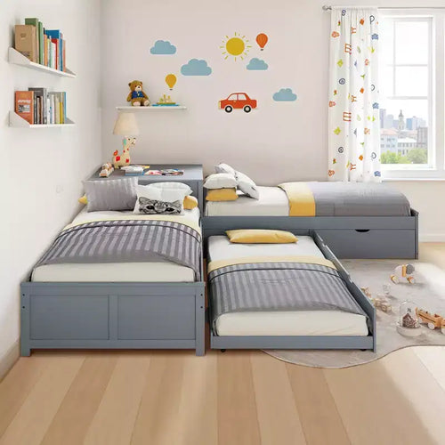 AMERLIFE L-Shaped Twin Solid Wood Trundle Bed with Flip-Top Storage Desk, Space-Saving Platform Frame for Kids and Family Rooms