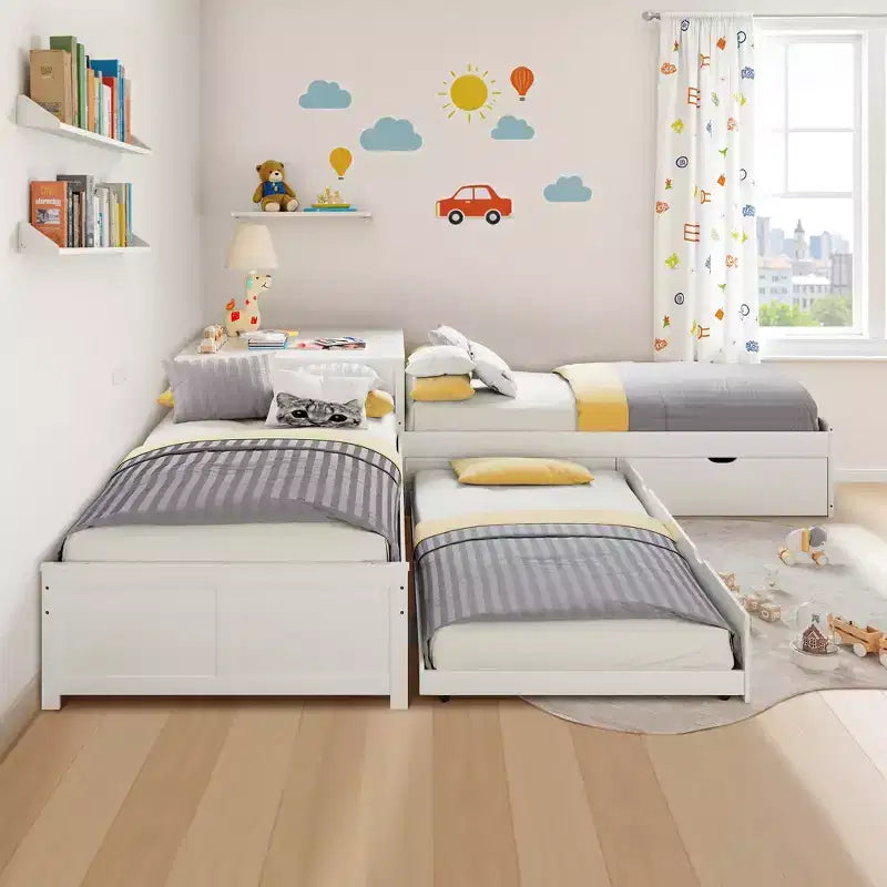 Lit gigogne double en L en bois massif AMERLIFE avec bureau de rangement relevable, cadre de plate-forme peu encombrant pour chambres d'enfants et familiales