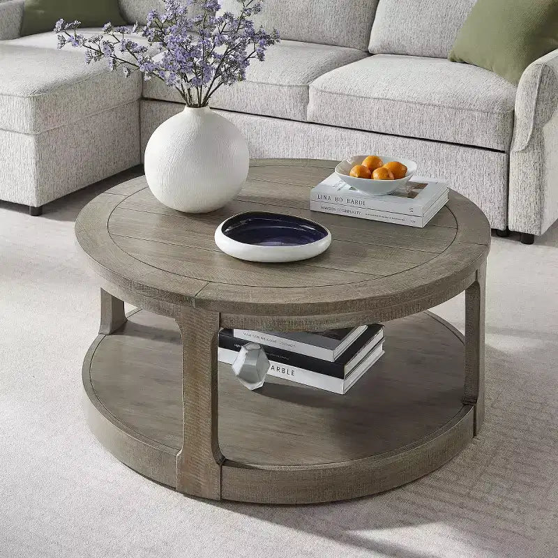 Table basse ronde moderne de 40 pouces avec roulettes dissimulées, table d'appoint à 2 niveaux pour salon, bureau ou appartement - Panipeachy