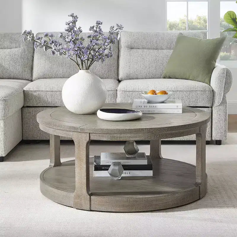 Table basse ronde moderne de 40 pouces avec roulettes dissimulées, table d'appoint à 2 niveaux pour salon, bureau ou appartement - Panipeachy