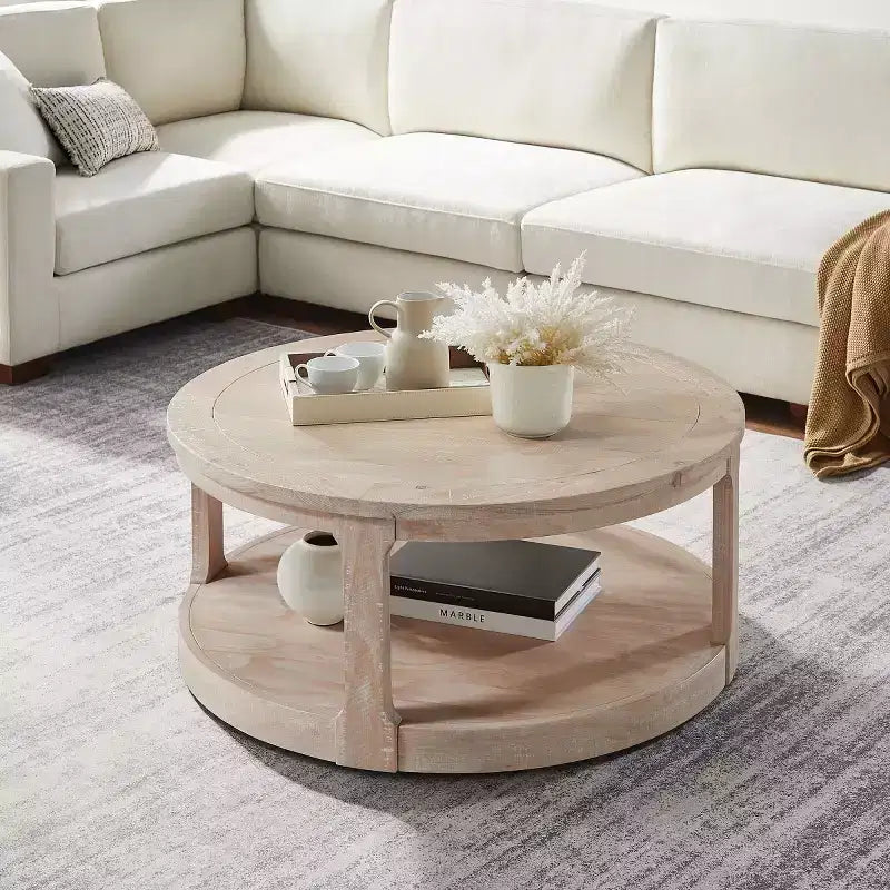 Table basse ronde moderne de 40 pouces avec roulettes dissimulées, table d'appoint à 2 niveaux pour salon, bureau ou appartement - Panipeachy